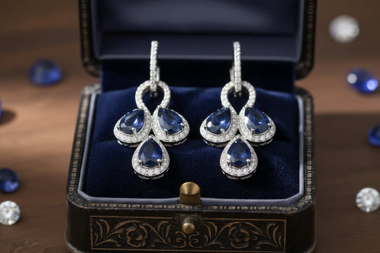 Handmade genuine Blue sapphires and white sapphires earrings