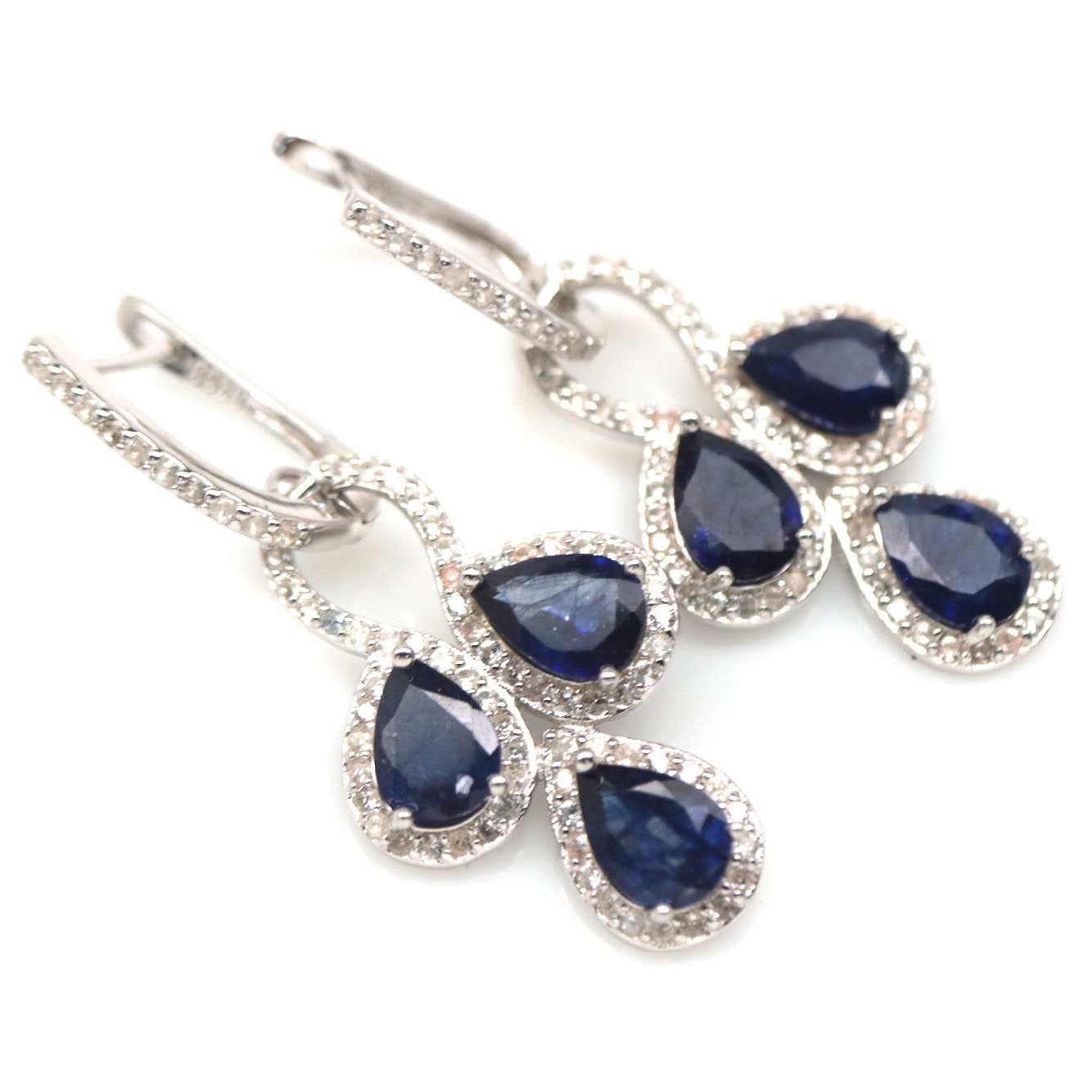 Handmade genuine Blue sapphires and white sapphires earrings