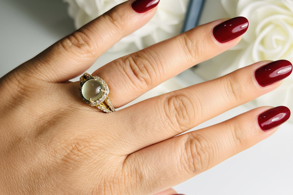 Handmade Prehnite and Natural Diamond & Emerald Ring and Earrings Set