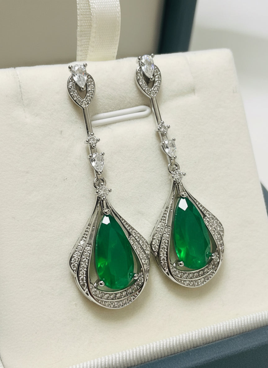 Stunning Long Sterling silver Emerald, Paraiba or Ruby Fancy statement Earrings (lab created)