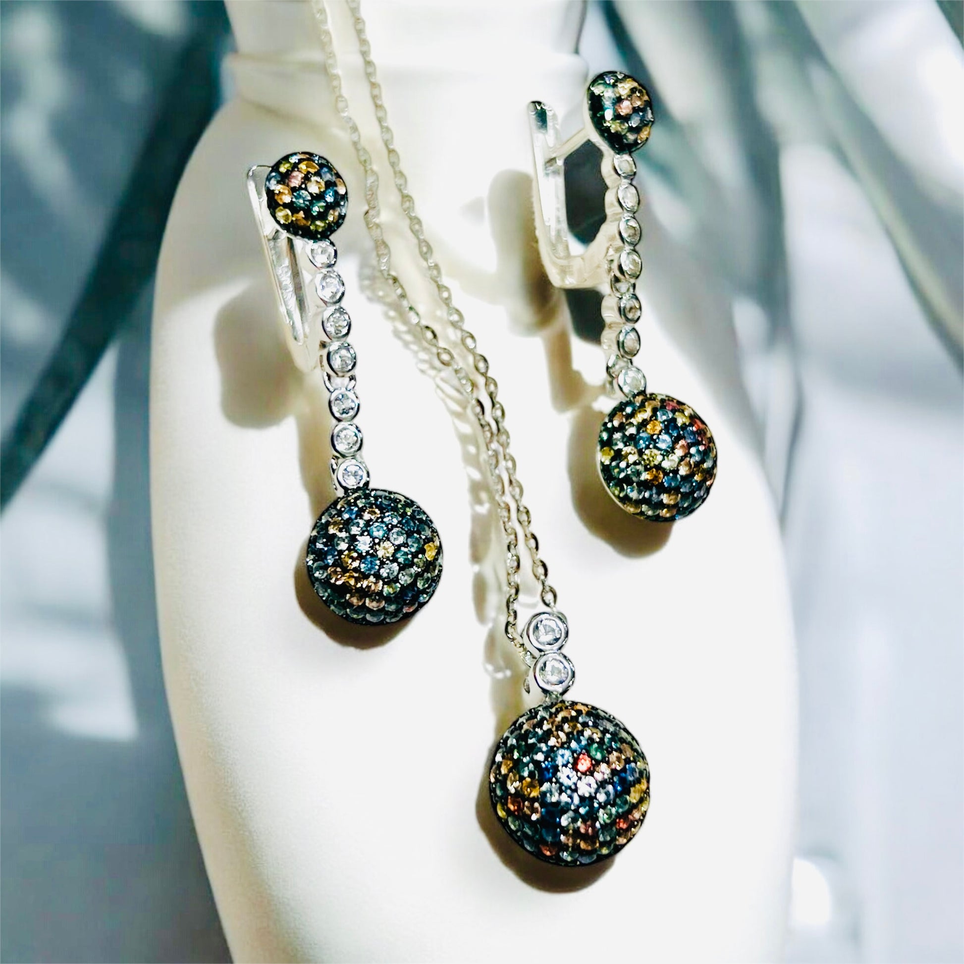 Multi-Color Sapphire Ball Design Sterling Silver Necklace and Earring Set