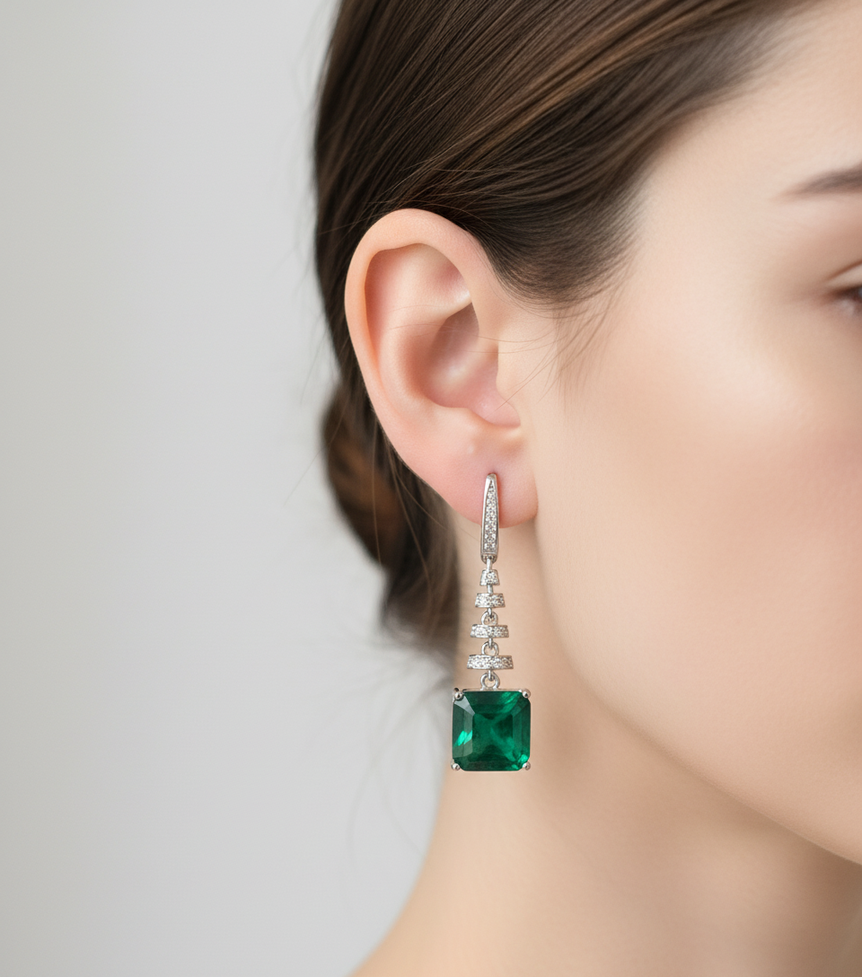 Lab Created Emerald Sterling silver Drop Earrings