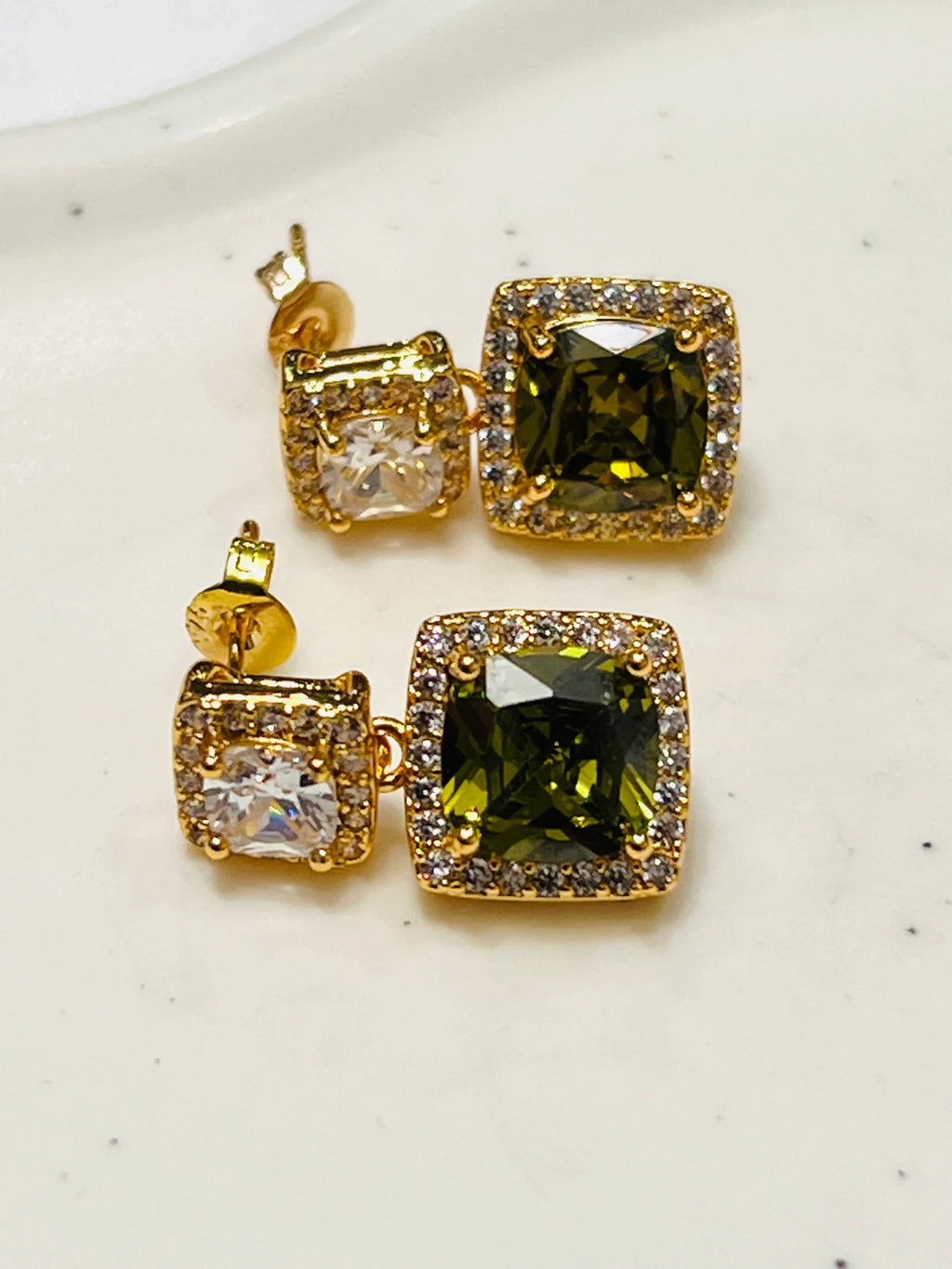Green Peridot and White Topaz Square Design Earrings