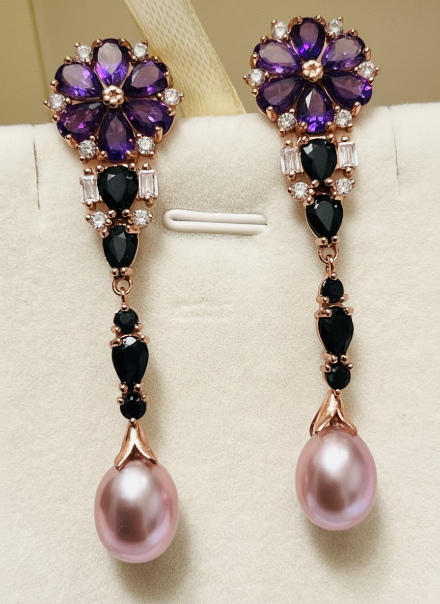 Handmade Stunning Natural Sapphire, Amethyst and South Sea Pearl Earrings