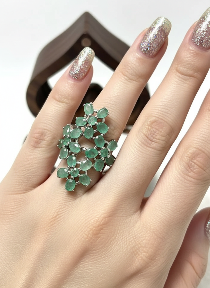 Natural Colombian Emeralds Sterling Silver Ring