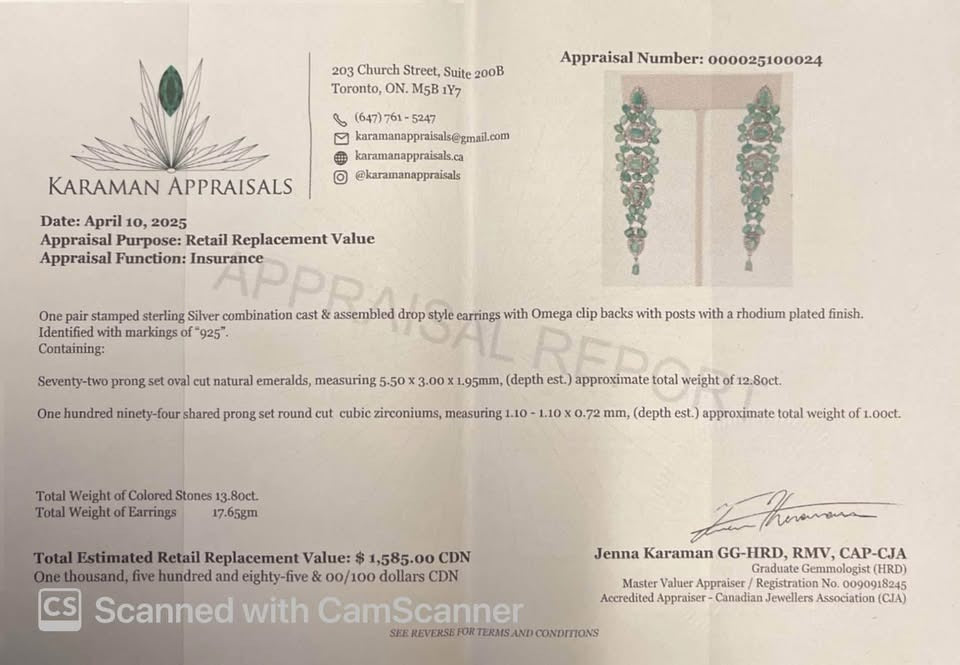 An appraisal report for natural Colombian emerald earrings, detailing stone weight and retail replacement value.