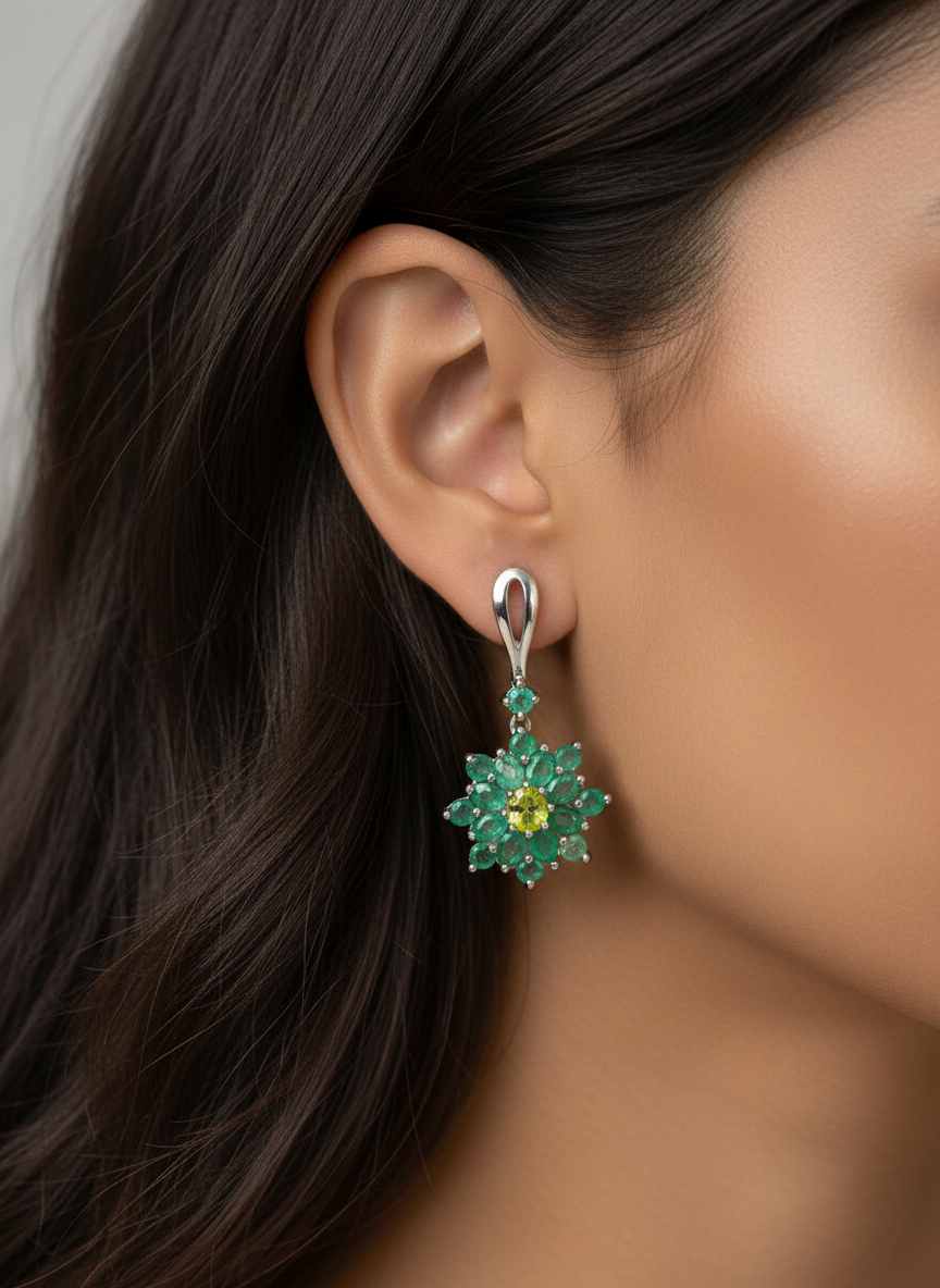 Handmade Genuine  Colombian emeralds Earrings in solid sterling silver
