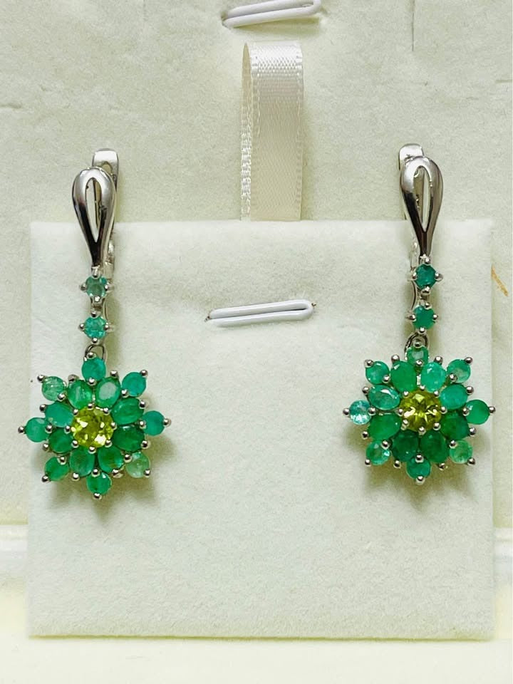 Elegant natural Colombian emerald and peridot cluster earrings, perfect for special occasions.
