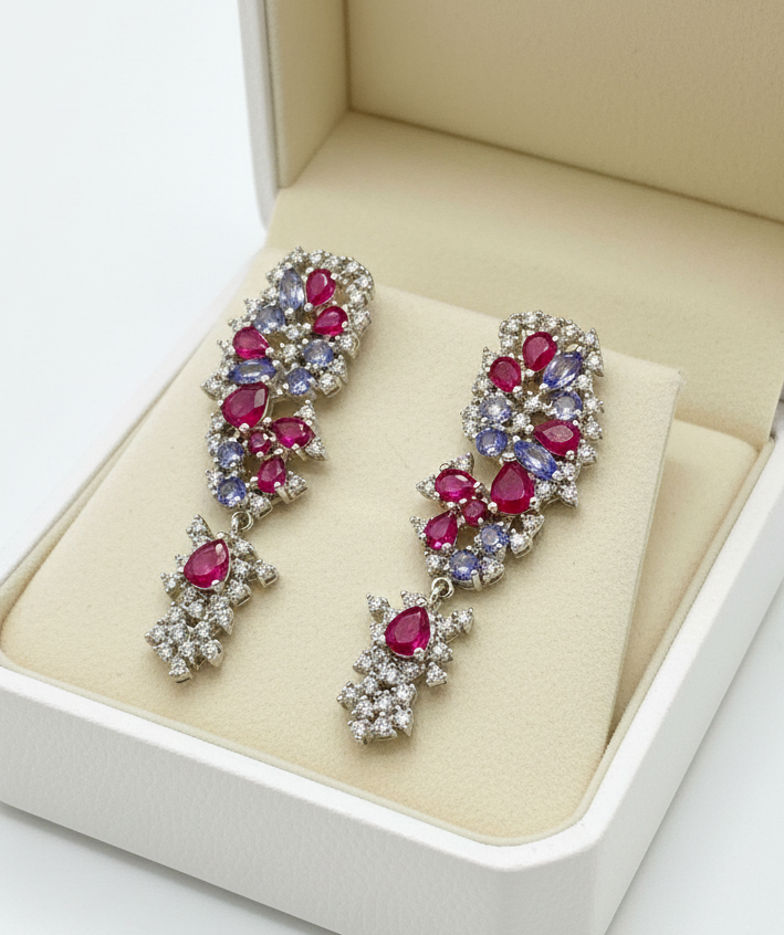 Burmese Ruby & Tanzanite Vintage  Style English Earrings