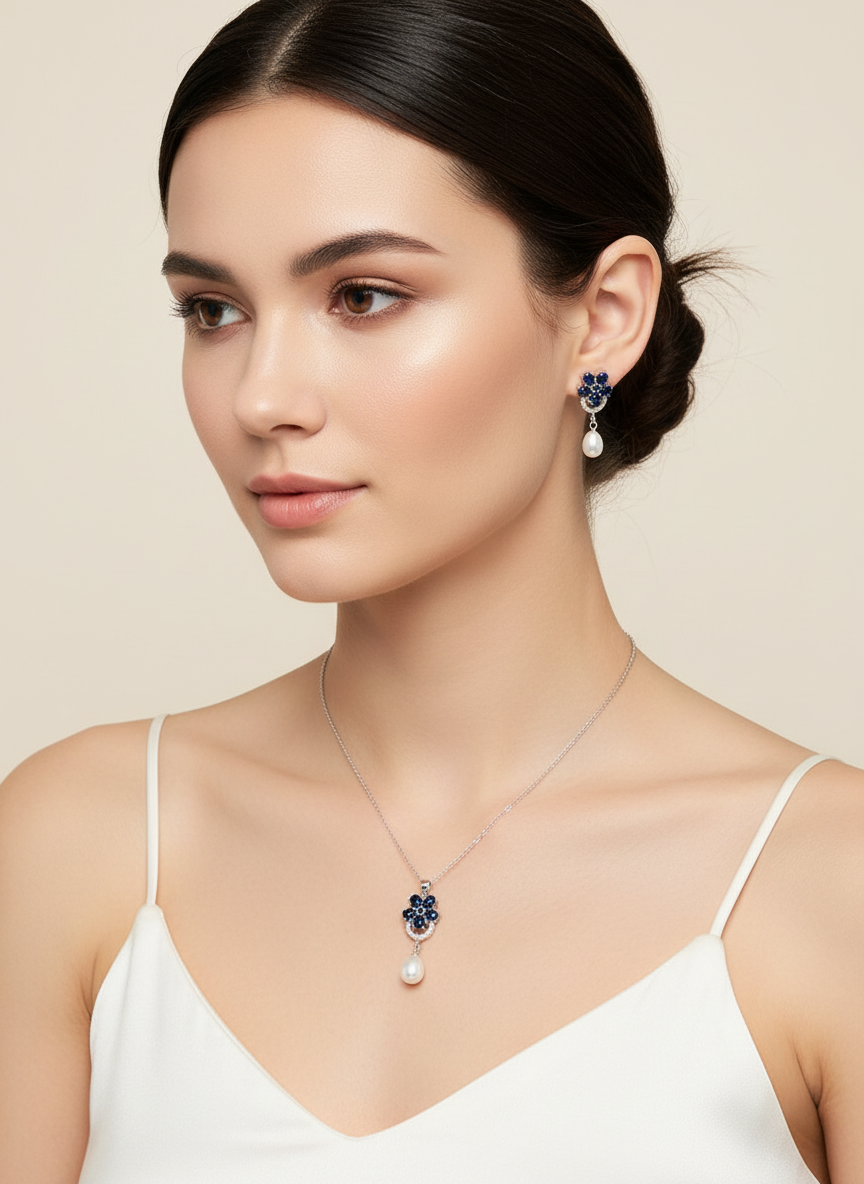 Handmade Blue Sapphire and Pearl jewelry Set- Bridal Collection