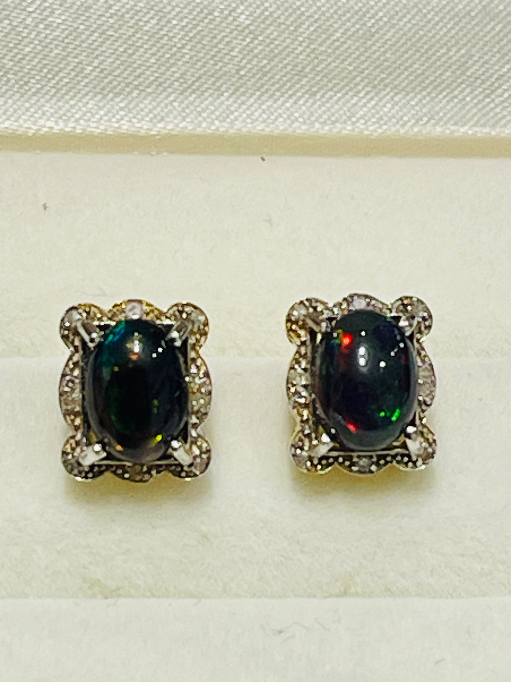 Natural Opal & Diamond Halo Stud Earrings in Sterling Silver Gold Vermeil | Handmade Two-Tone Cabochon Opal Earrings