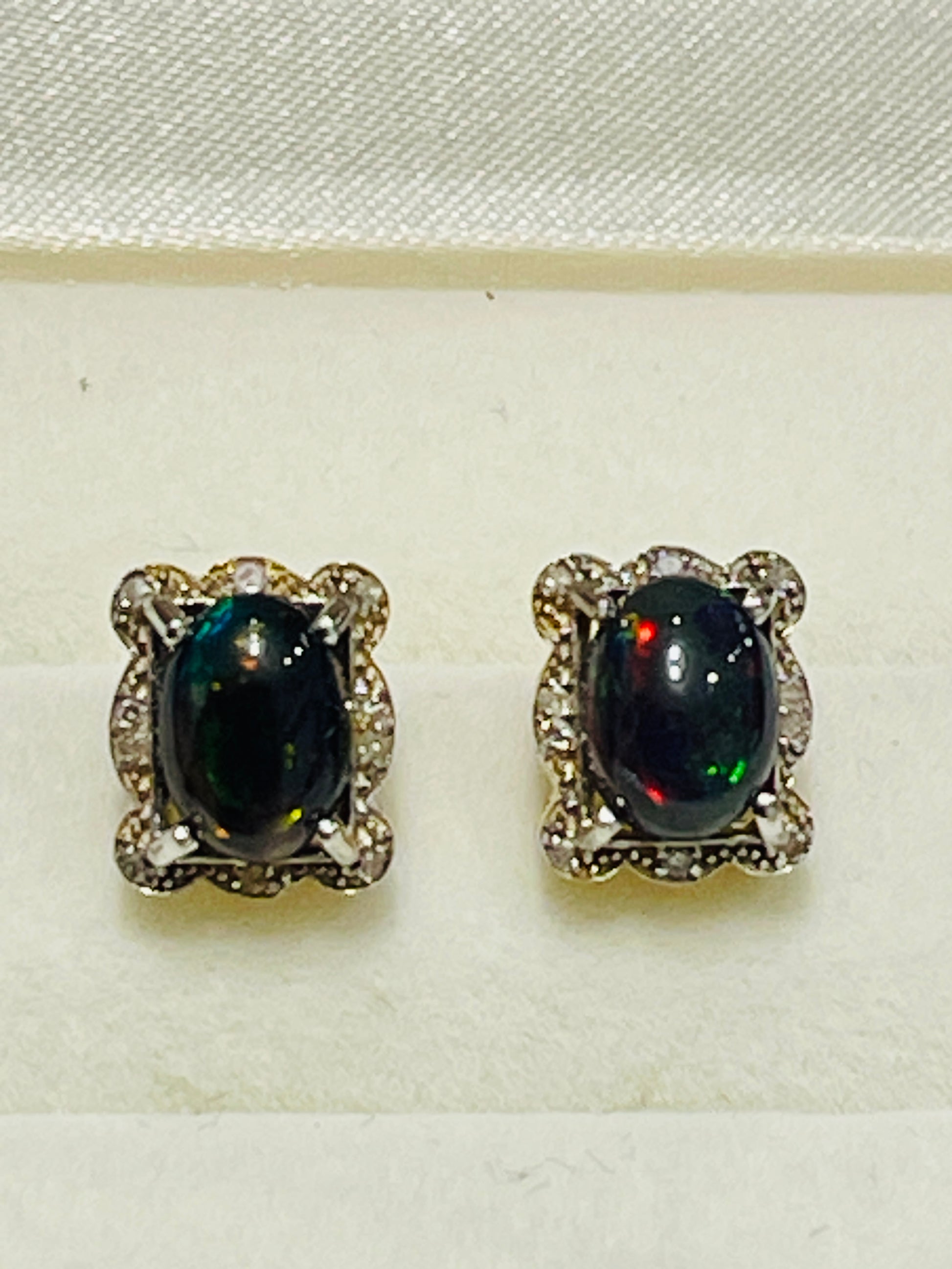 Natural Opal & Diamond Halo Stud Earrings in Sterling Silver Gold Vermeil | Handmade Two-Tone Cabochon Opal Earrings