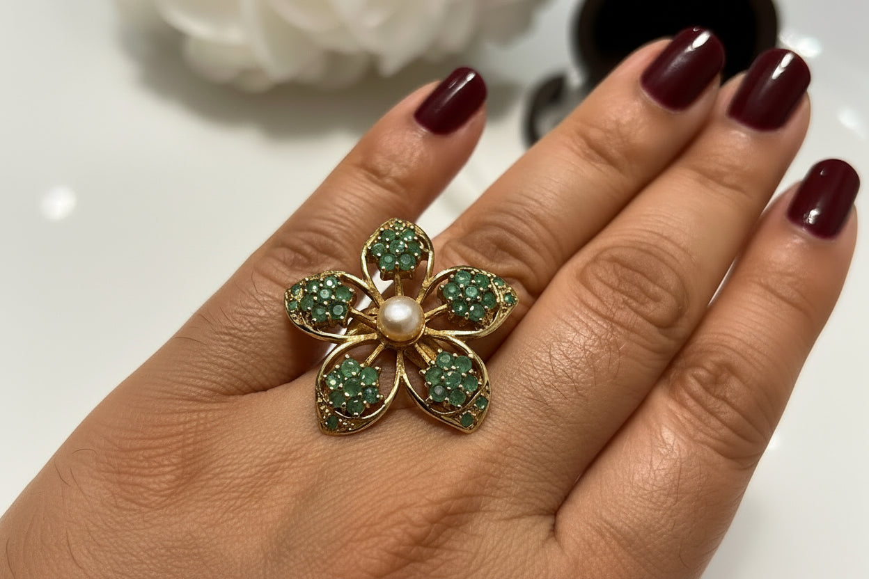 Handmade genuine Colombian Emerald and Pearl Flower Ring