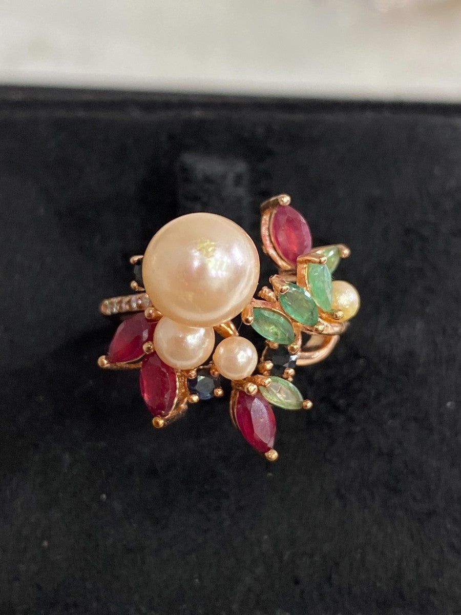 Genuine Ruby, Emerald, sapphires and Pearl Ring- artisan made