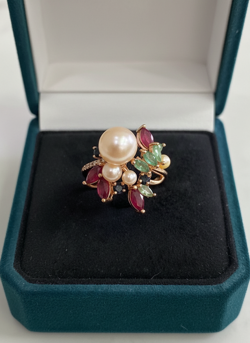 Genuine Ruby, Emerald, sapphires and Pearl Ring- artisan made