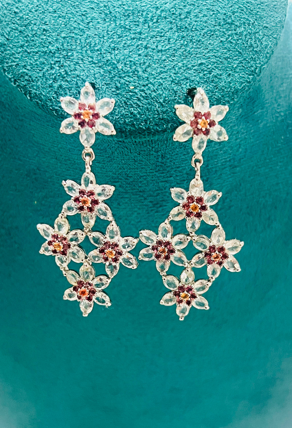 Handmade Lattice-Style Aquamarine & Rhodolite Garnet Earrings