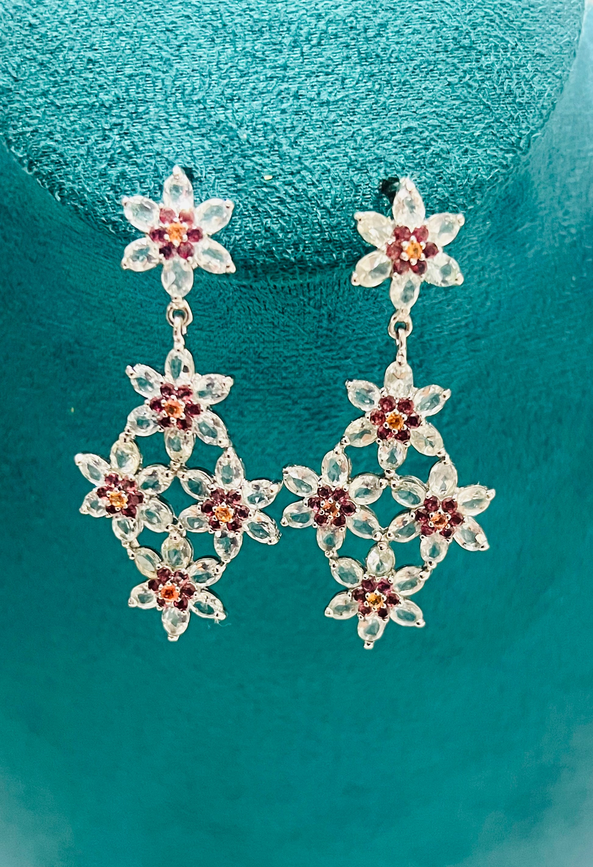 Handmade Lattice-Style Aquamarine & Rhodolite Garnet Earrings