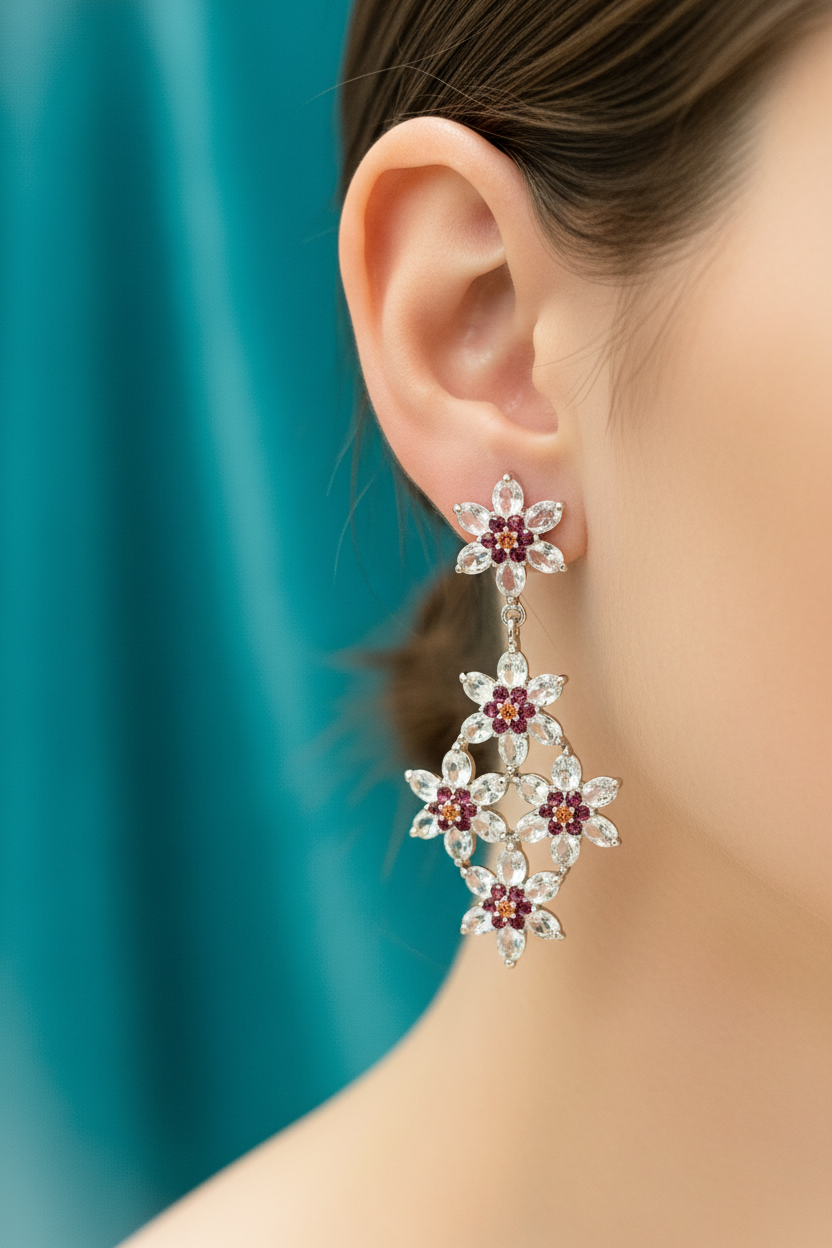 Handmade Lattice-Style Aquamarine & Rhodolite Garnet Earrings