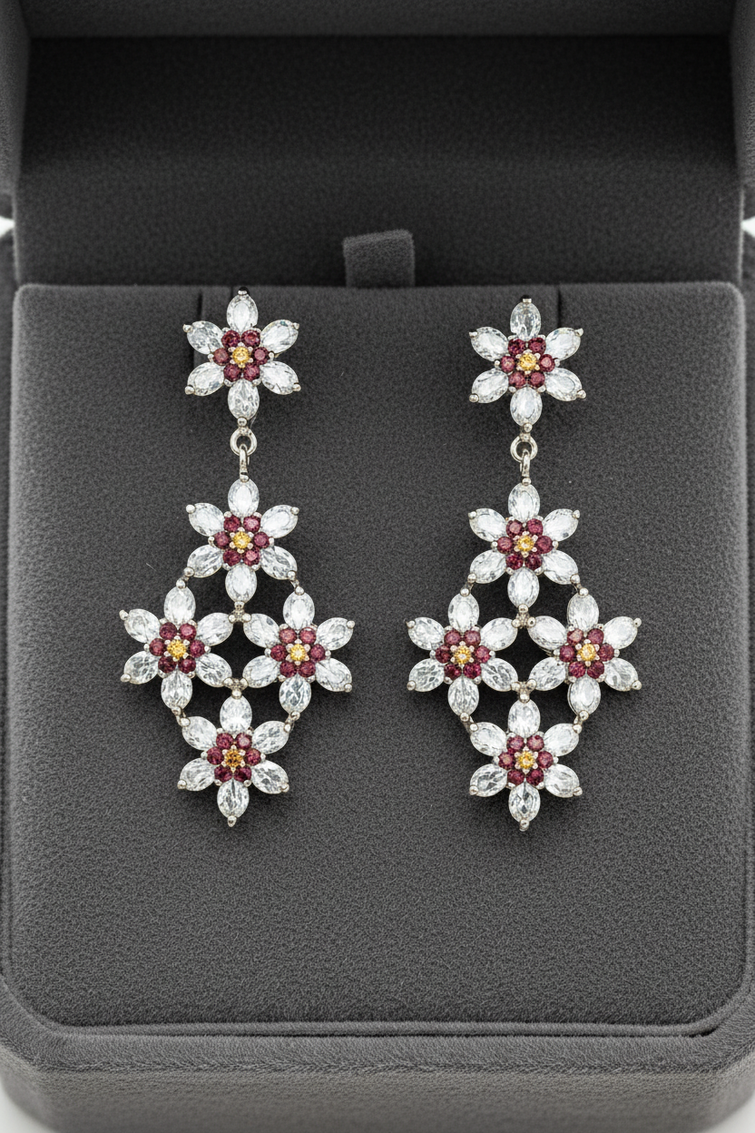 Handmade Lattice-Style Aquamarine & Rhodolite Garnet Earrings