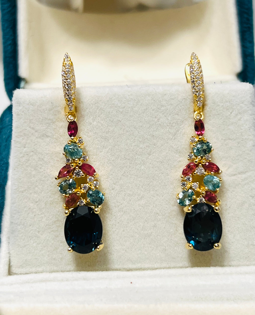 London Blue Topaz Earrings with Apatite & Pink Tourmaline Accents – 18K Gold Vermeil