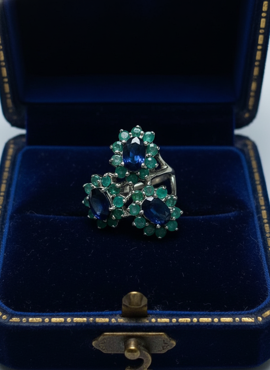 Handmade beautiful Natural Emerald and Kyanite Ring