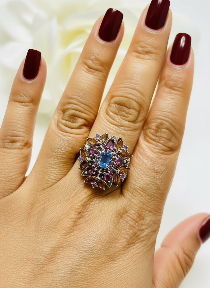Handmade genuine Kyanite, Citrine and Rhodolite Garnet Ring