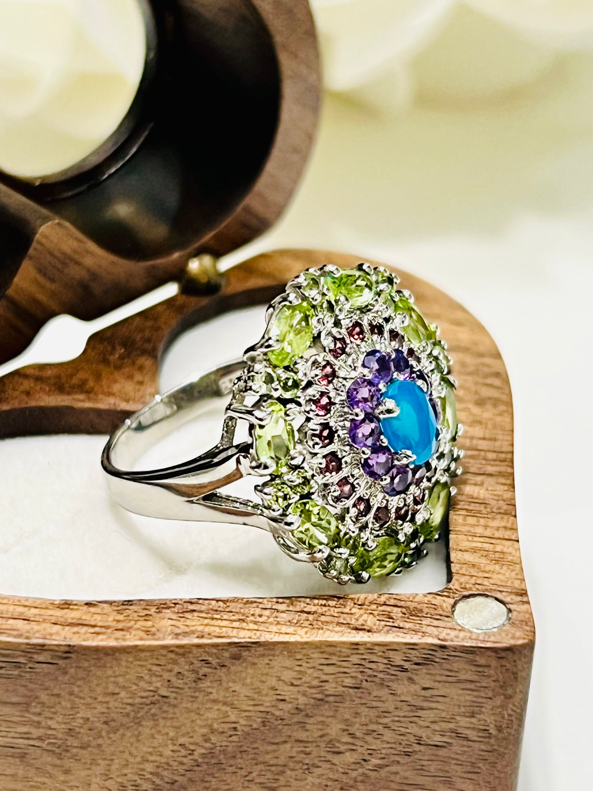 Handcrafted Peridot, Blue Opal, Amethyst & Garnet Oval Ring