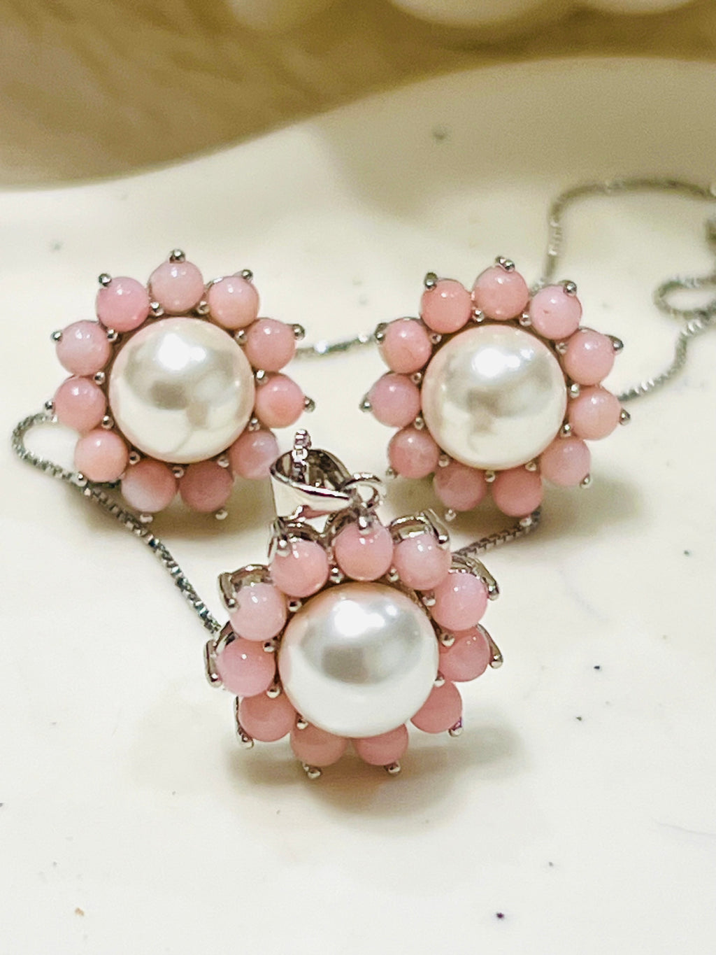 Handmade Natural Pink Opal and Pearl Jewelry Set