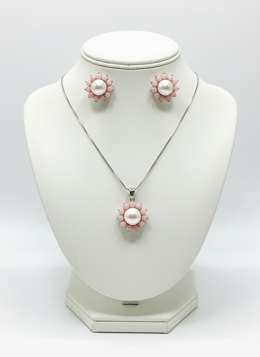 Handmade Natural Pink Opal and Pearl Jewelry Set