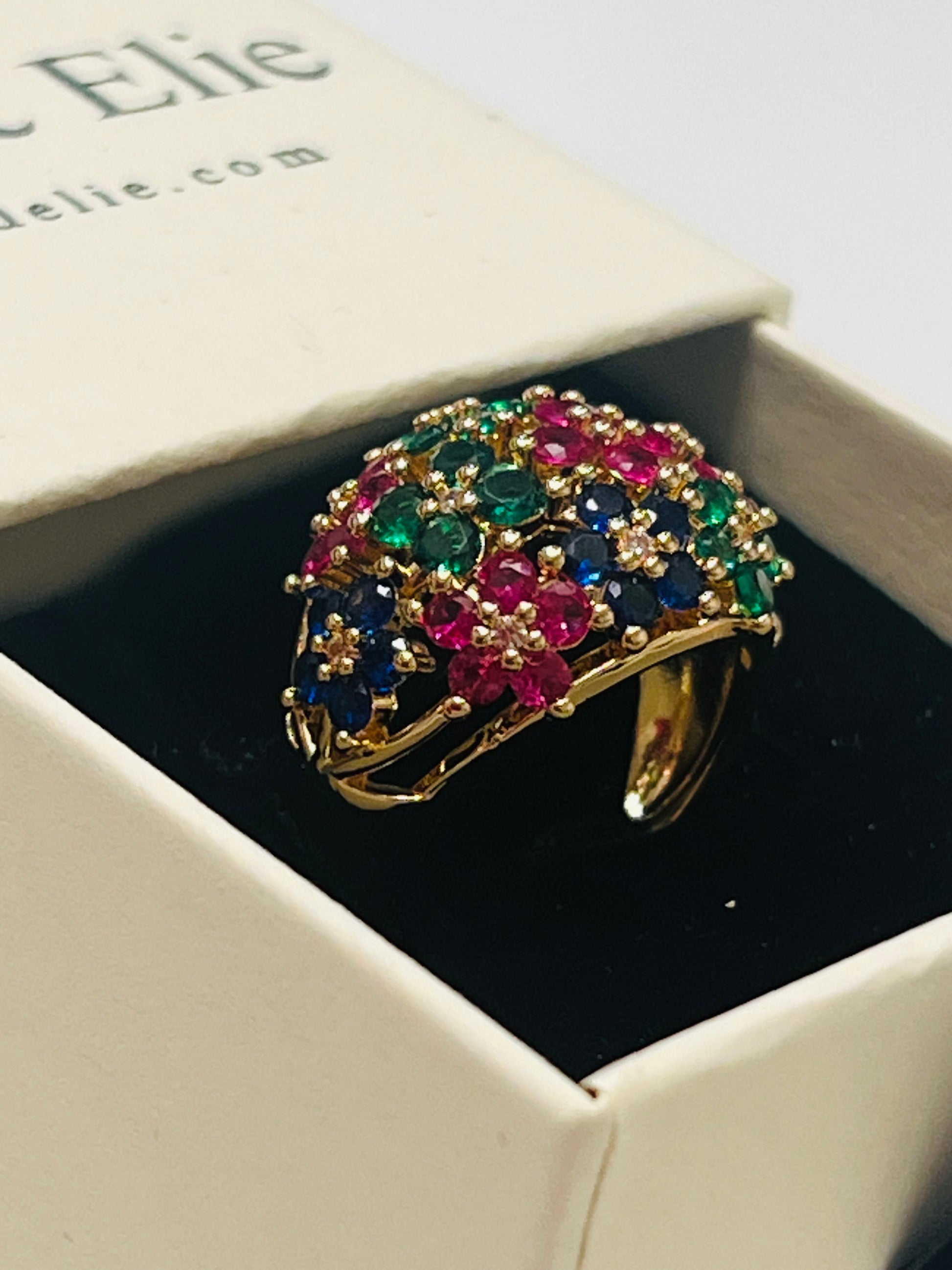 Vintage Inspired Gold Filled Floral Cluster Ring – Ruby Emerald Sapphire Multicolor Gemstone Ring