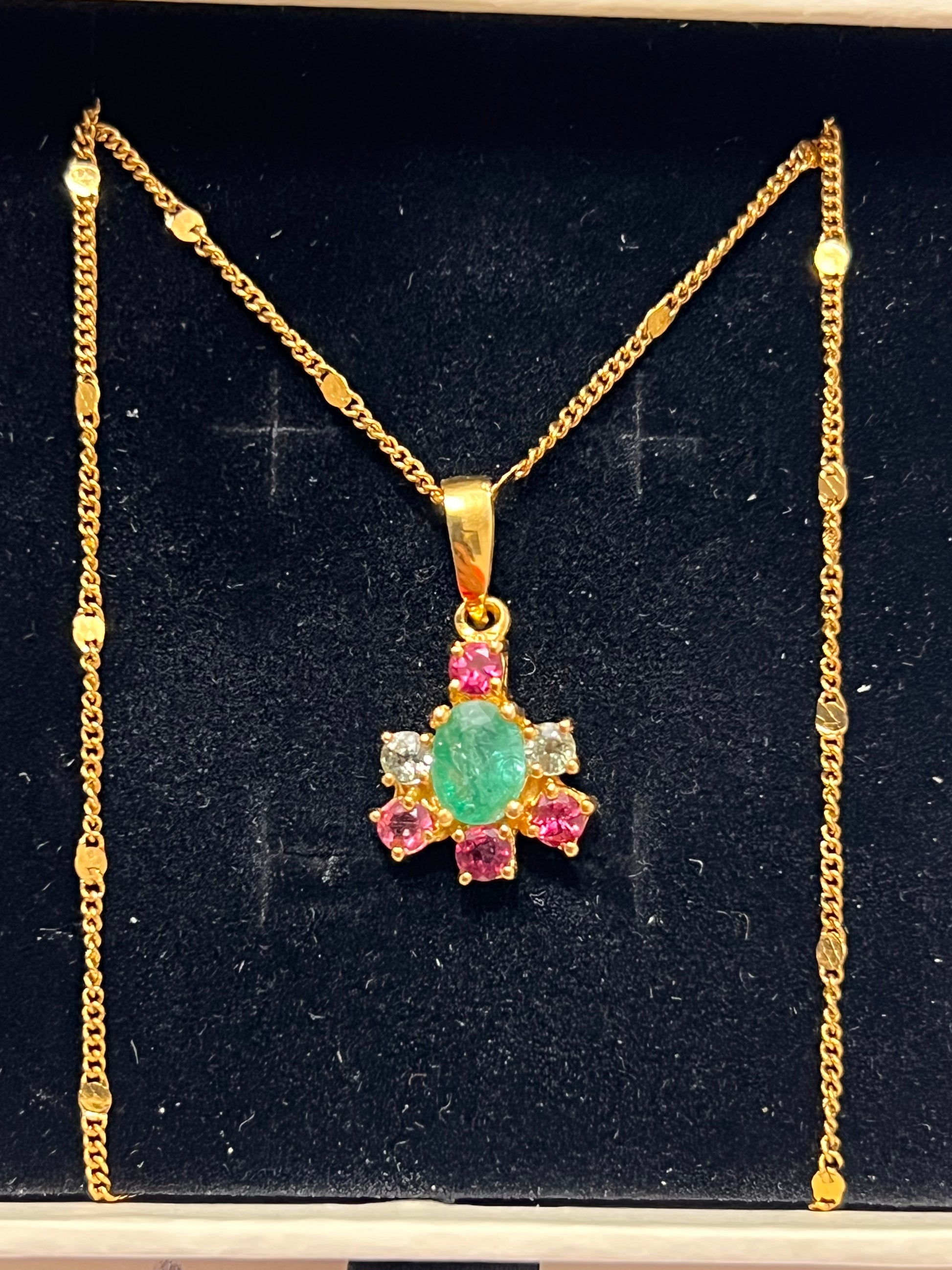 Natural Colombian Emerald Pendant Necklace in Sterling Silver with Colored Sapphire Halo – 2 Carat Oval Emerald