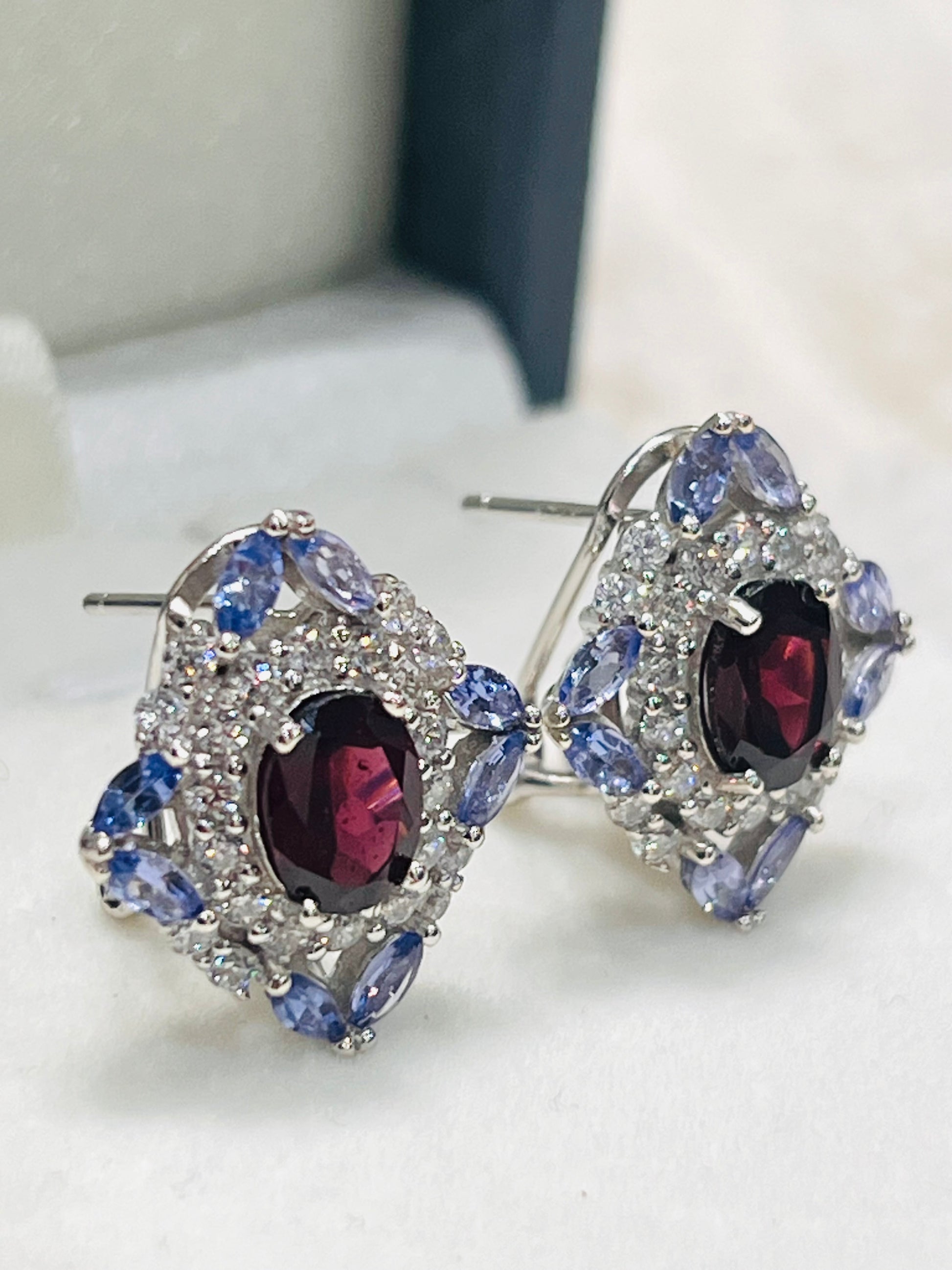 Handmade Natural Tanzanite and Garnet Omega Backs Earrings