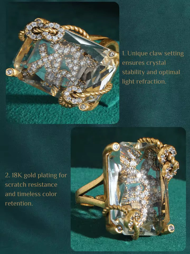 Vintage Inspired Emerald Cut Crystal Ring | Adjustable Gold Plated Brass Cocktail Ring for Women