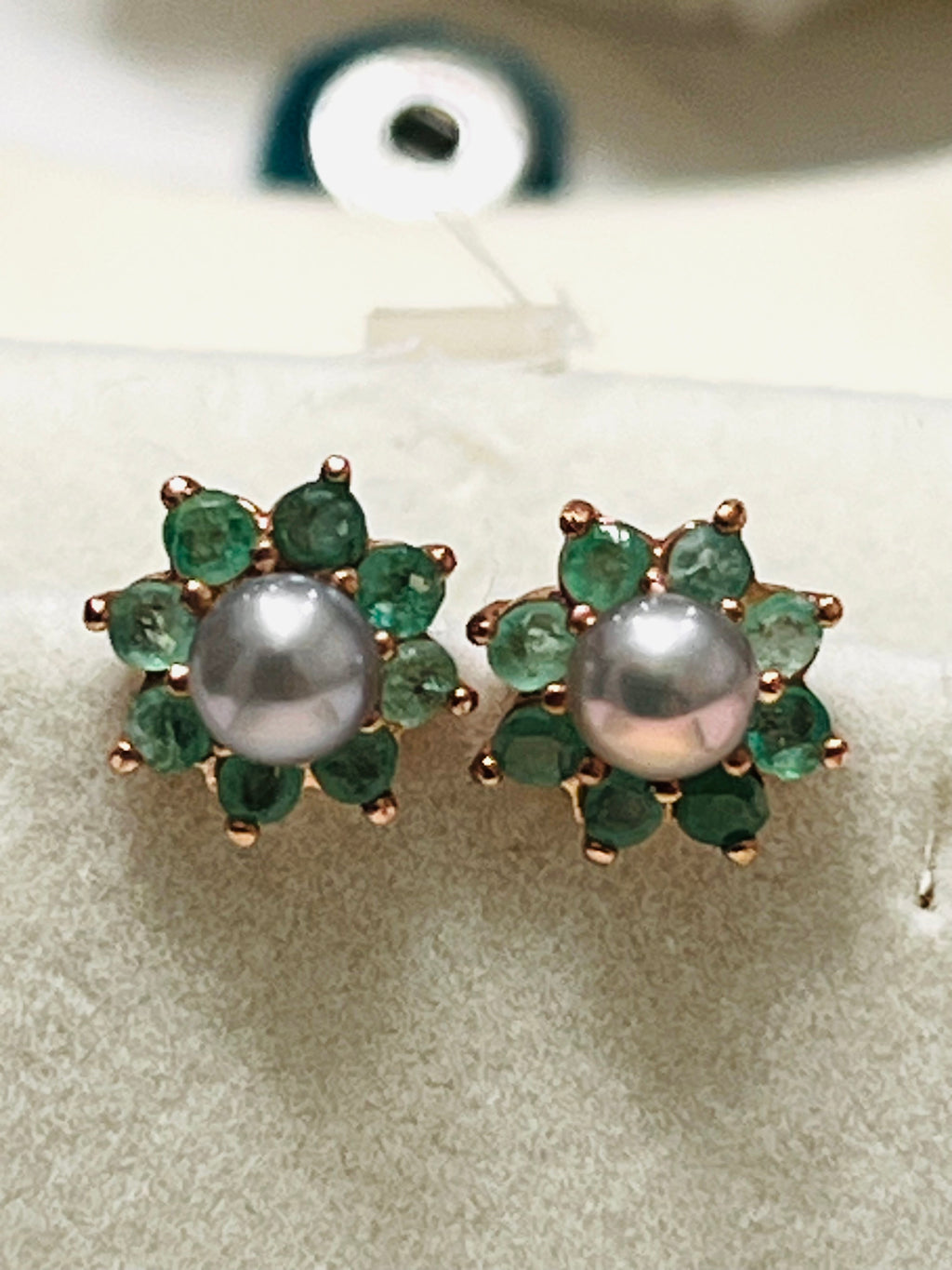 Tahitian Grey Pearl & Emerald Stud Earrings – 18K Rose Gold Vermeil Sterling Silver