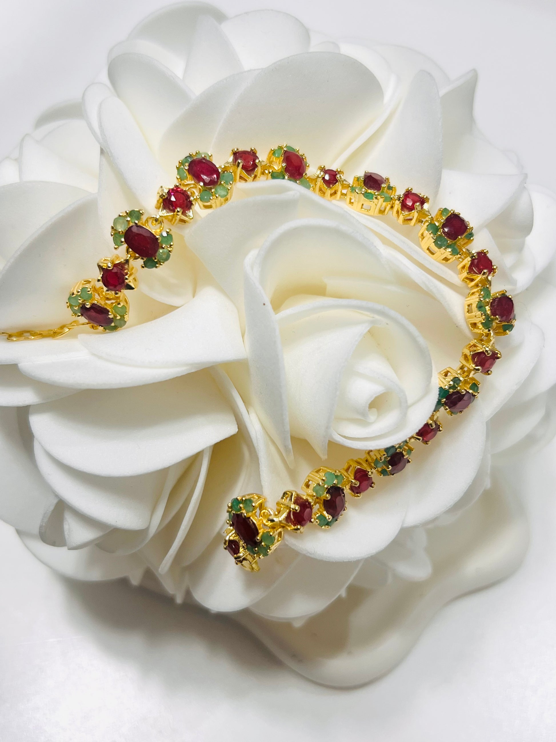 Genuine Ruby and Emerald Bracelet in 14k Gold over sterling silver