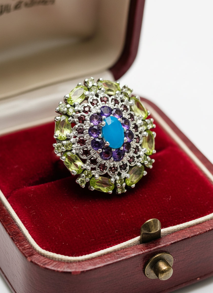 Handcrafted Peridot, Blue Opal, Amethyst & Garnet Oval Ring