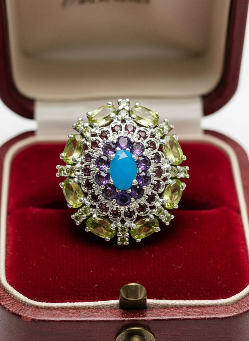 Handcrafted Peridot, Blue Opal, Amethyst & Garnet Oval Ring