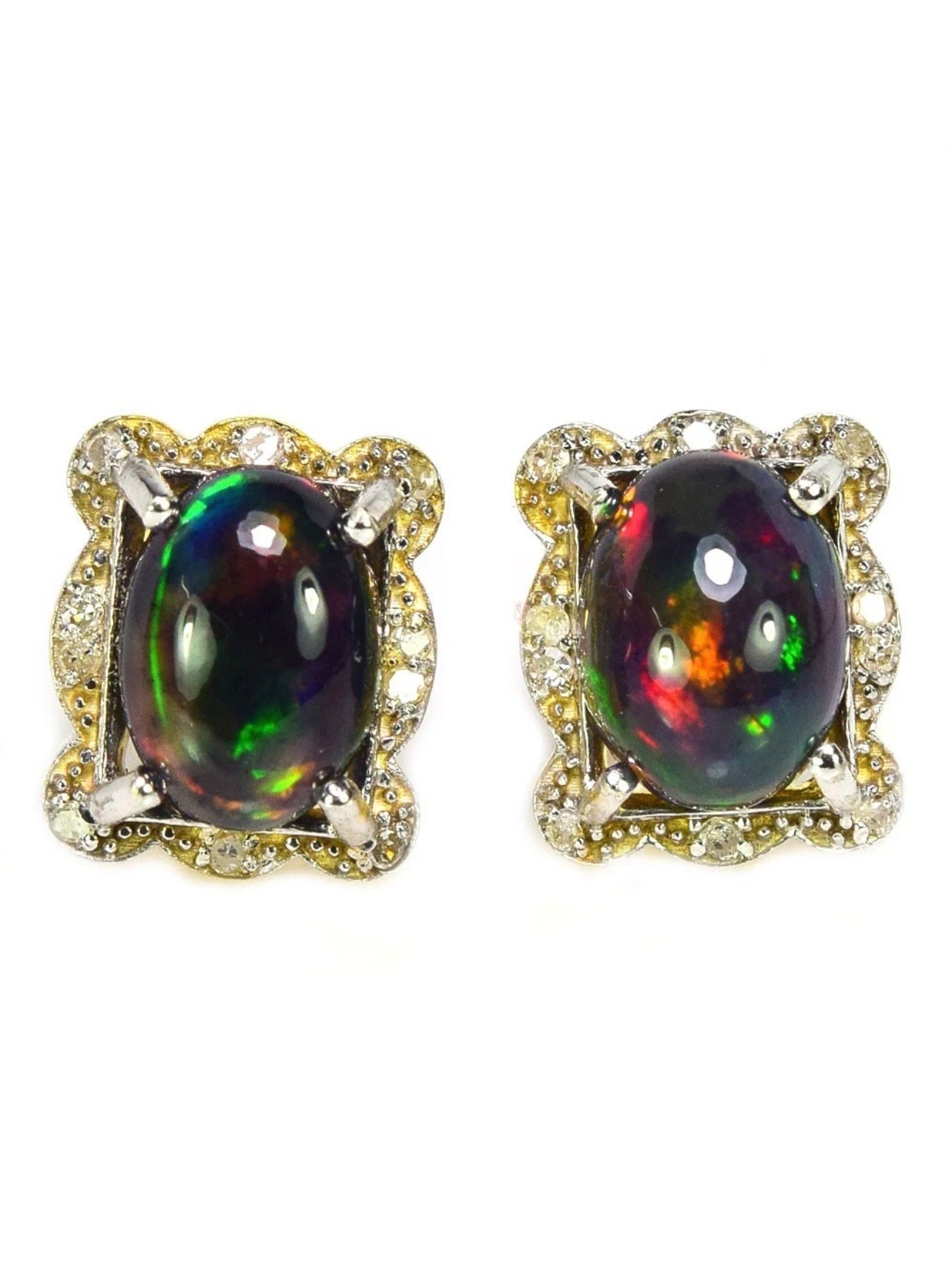 Natural Opal & Diamond Halo Stud Earrings in Sterling Silver Gold Vermeil | Handmade Two-Tone Cabochon Opal Earrings