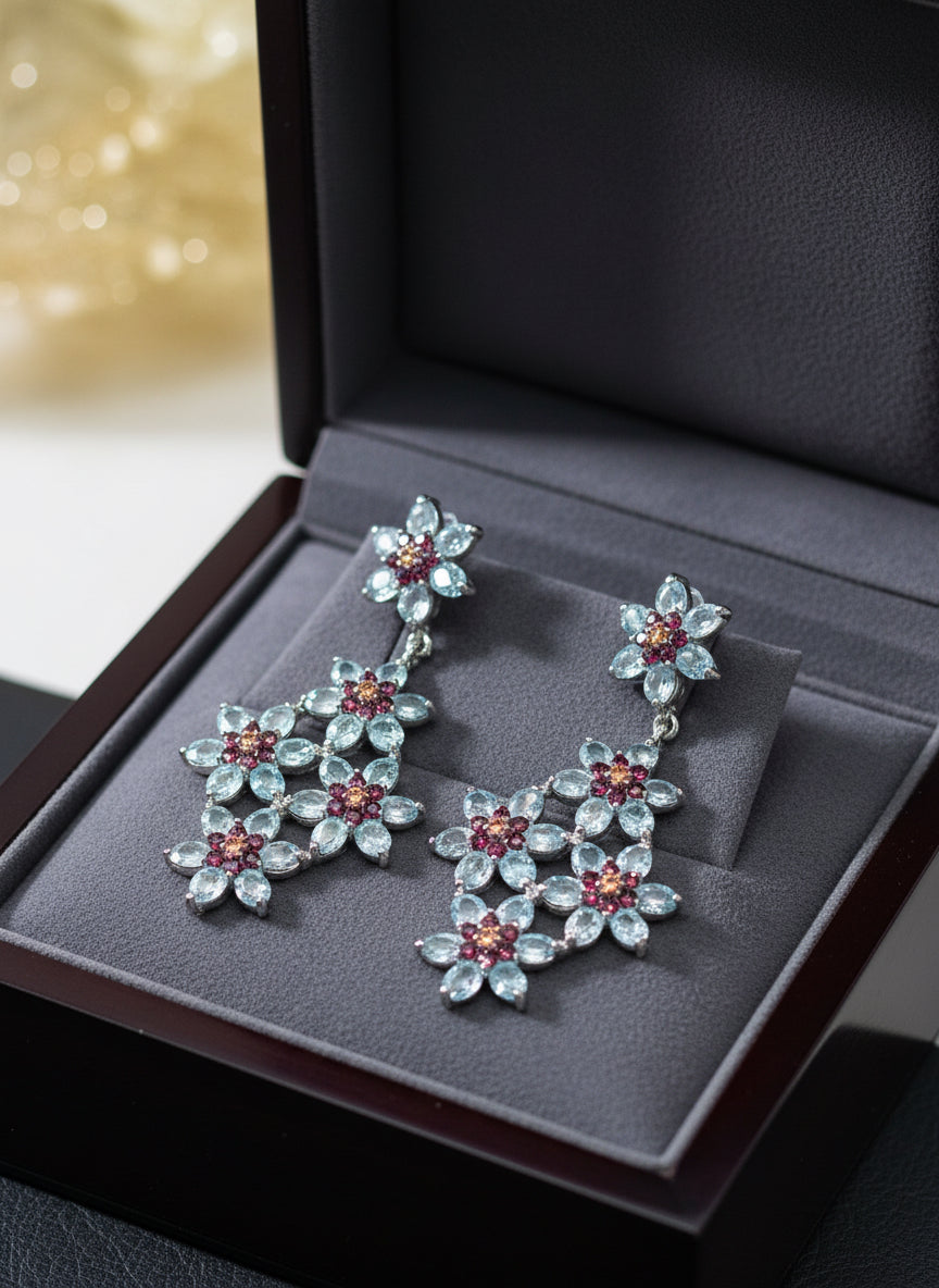 Handmade Lattice-Style Aquamarine & Rhodolite Garnet Earrings