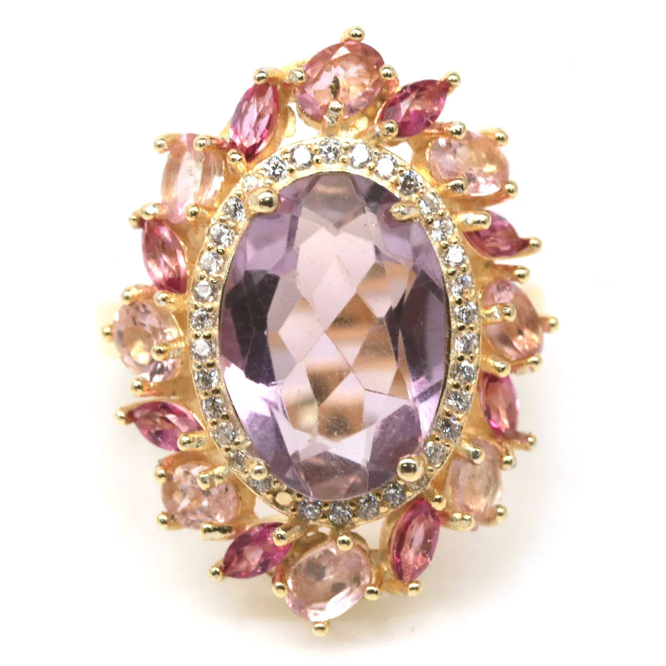 Natural Pink Amethyst & Multi-Gem Ring in 18K Gold Vermeil – 31.43 Carats