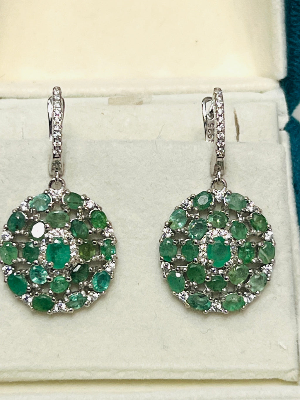 Natural Emerald & White Sapphires Flower Cluster Dangle Earrings – 18K Gold over Sterling Silver