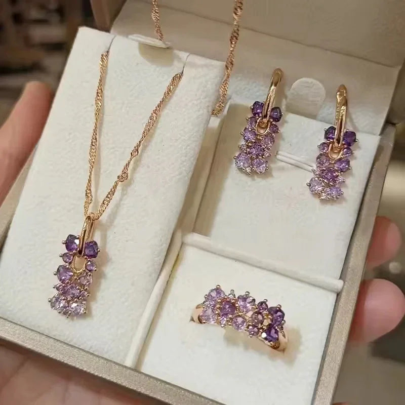 14K Rolled Gold Amethyst Jewelry Set | Ombre Waterfall Necklace, Earrings & Ring