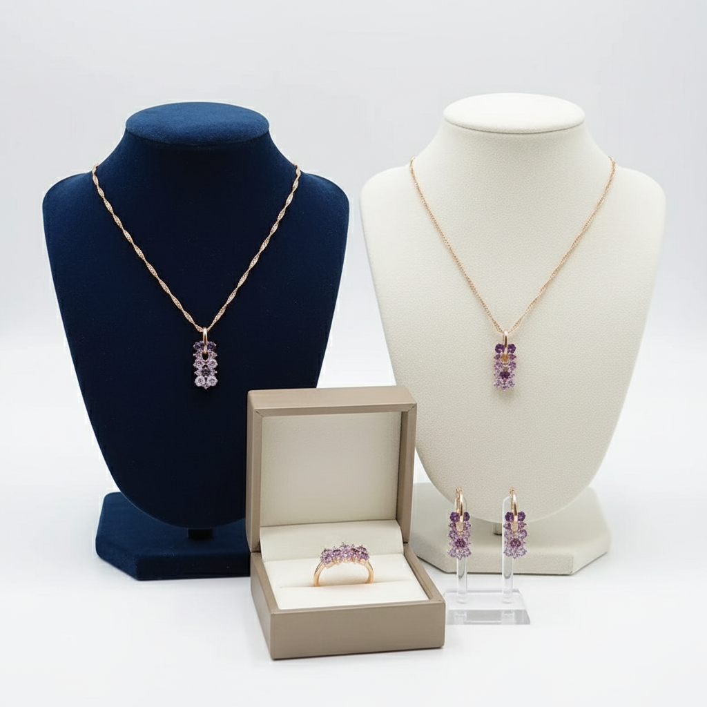 14K Rolled Gold Amethyst Jewelry Set | Ombre Waterfall Necklace, Earrings & Ring