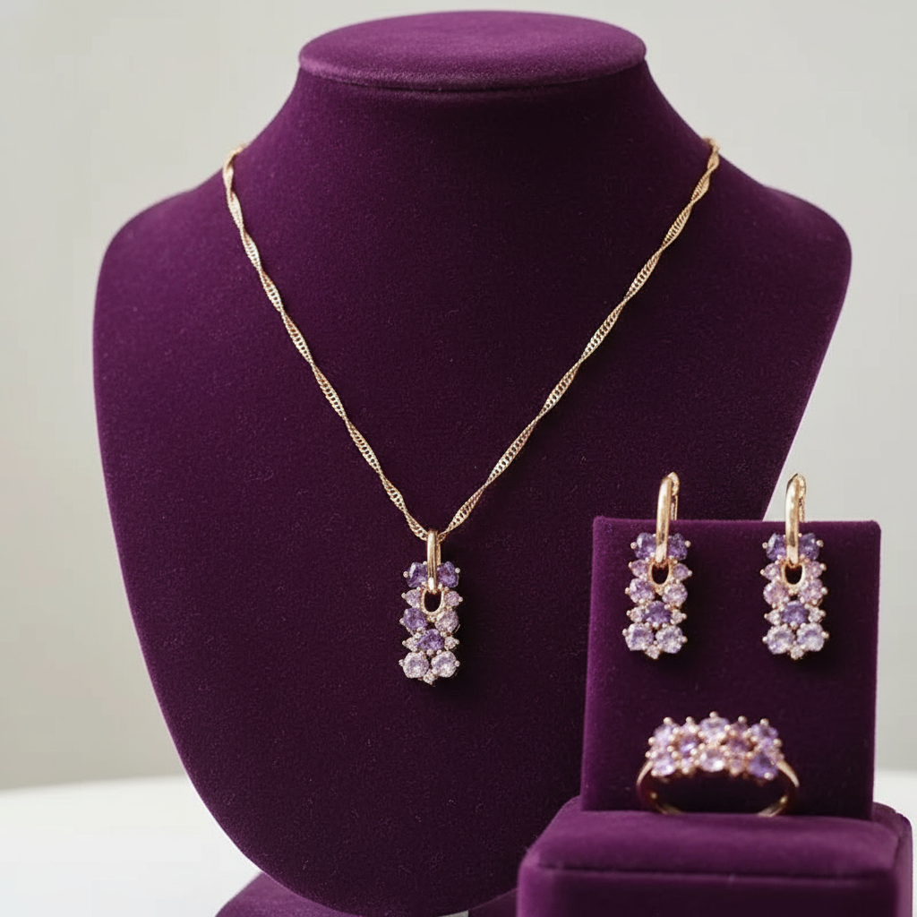14K Rolled Gold Amethyst Jewelry Set | Ombre Waterfall Necklace, Earrings & Ring
