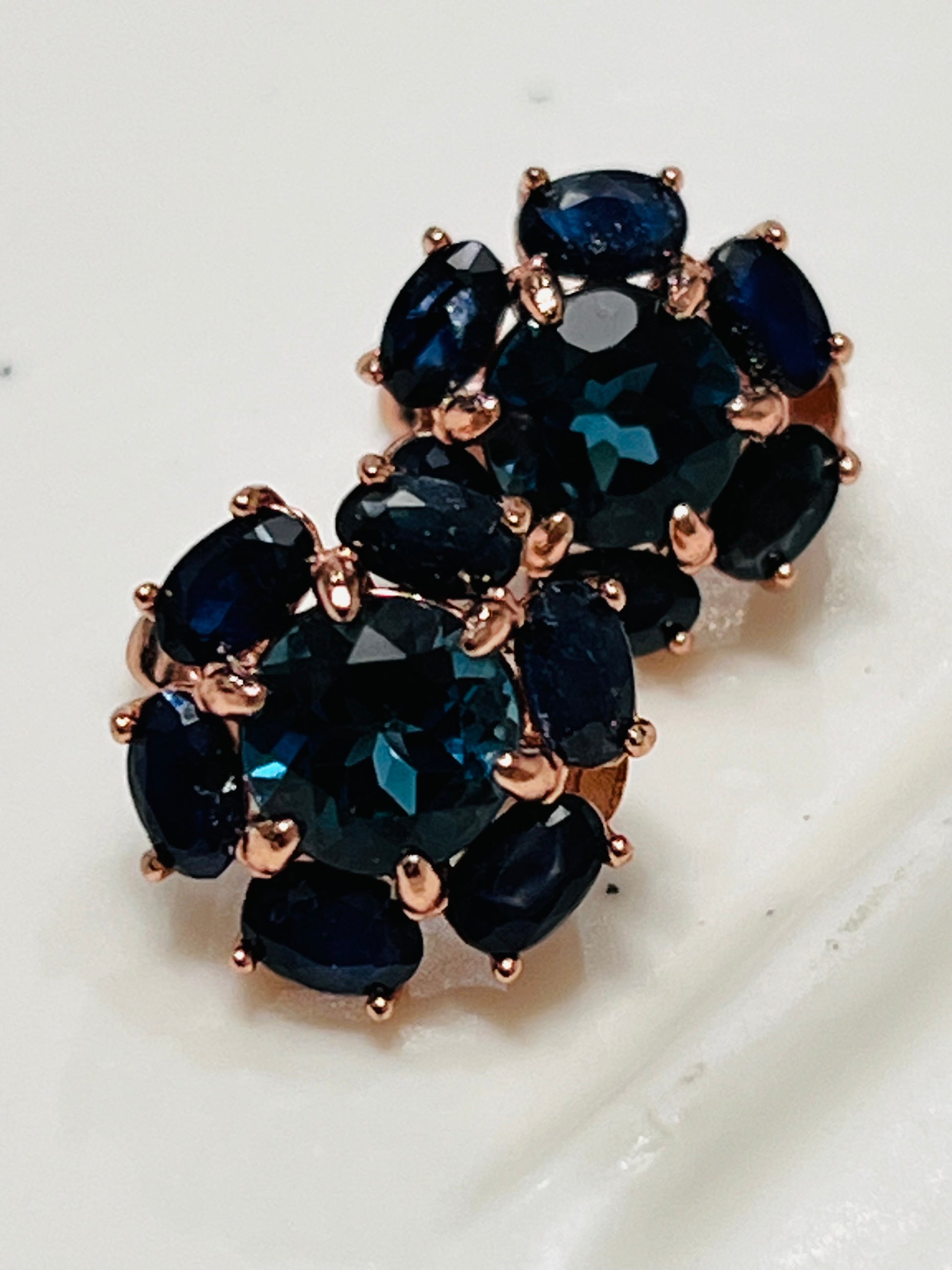 Handmade Genuine London Blue Topaz & Sapphire Rose Gold Plated Earrings over Sterling silver