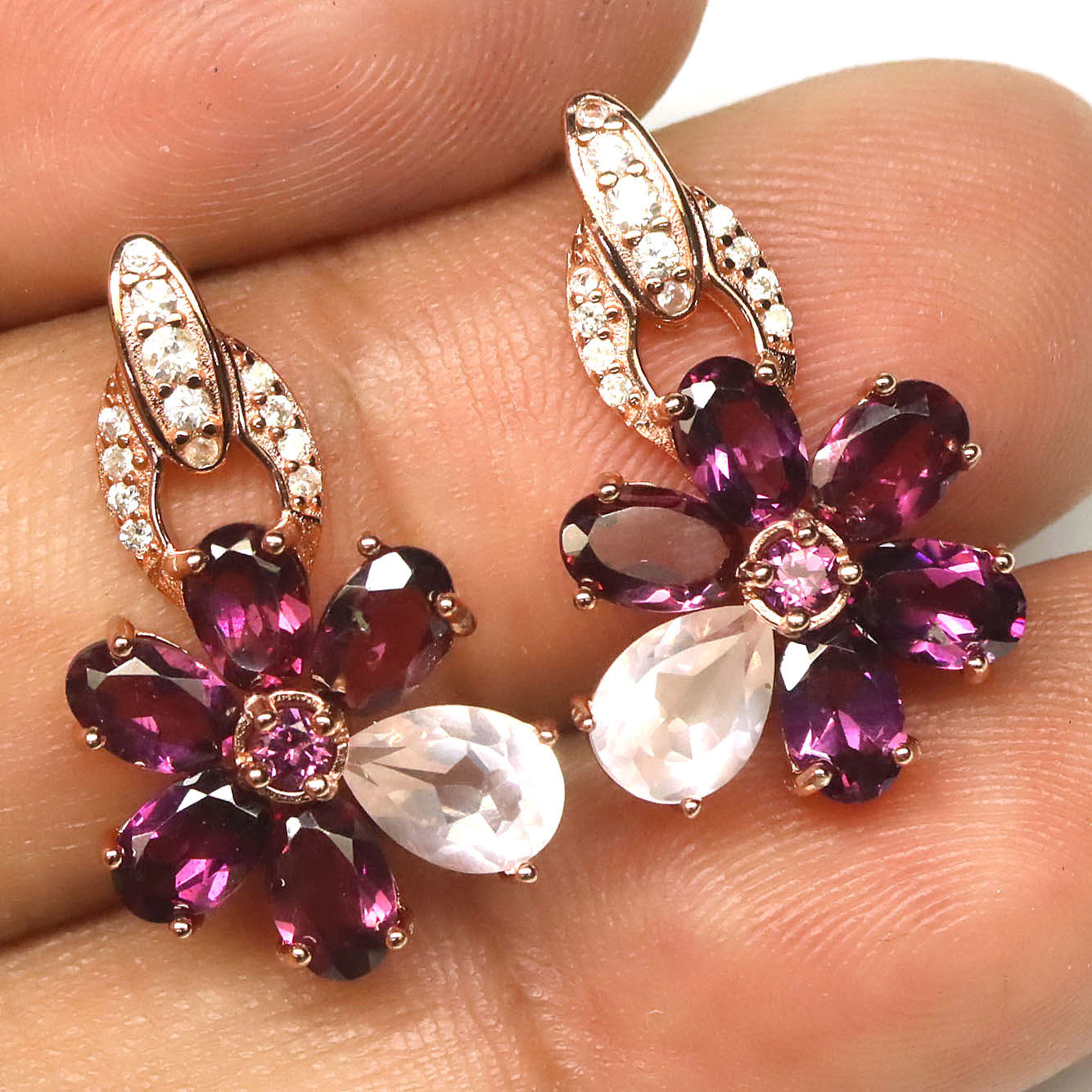 Handmade Purplish Red Rhodolite, Rose Quartz Earrings