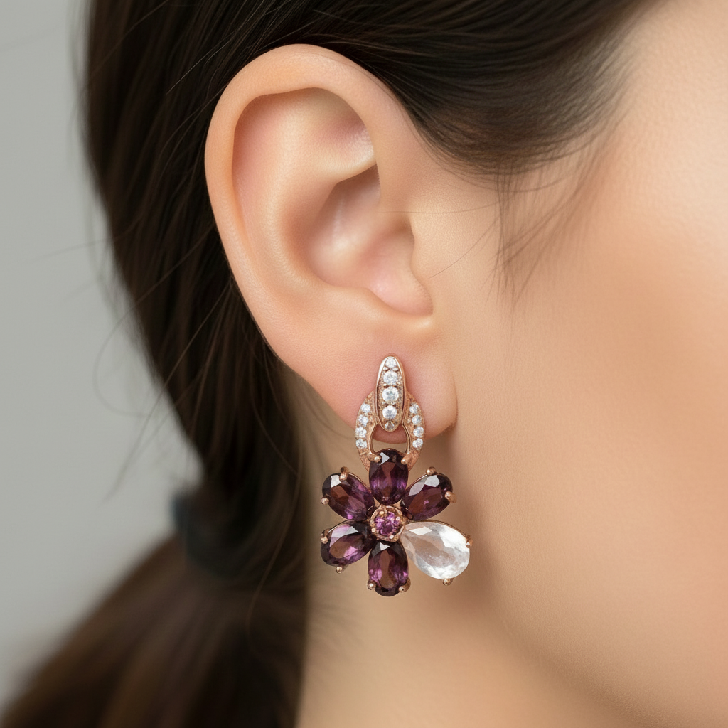 Handmade Purplish Red Rhodolite, Rose Quartz Earrings