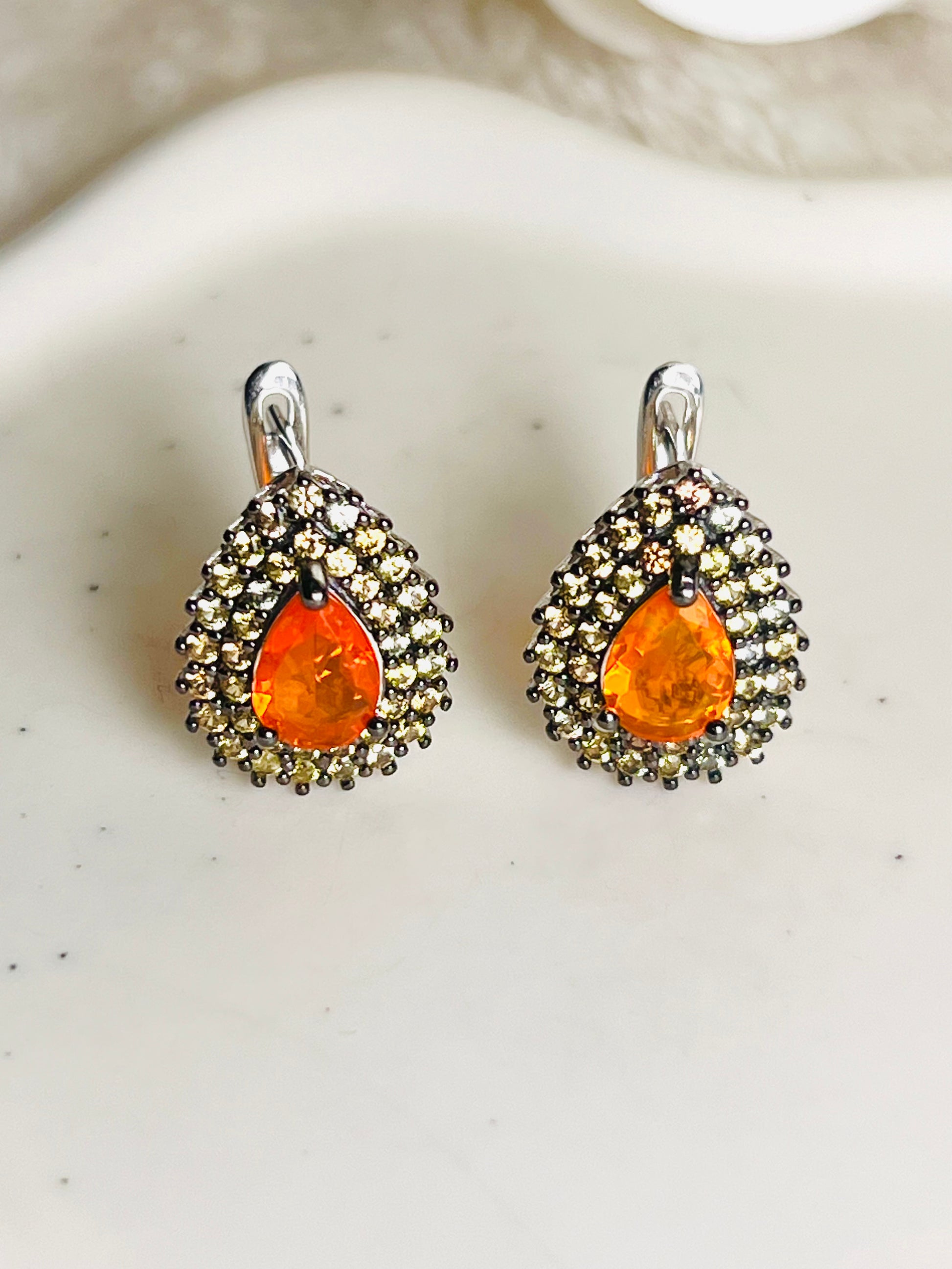 Handmade Orange Fire Opal and Colored Sapphires Earrings