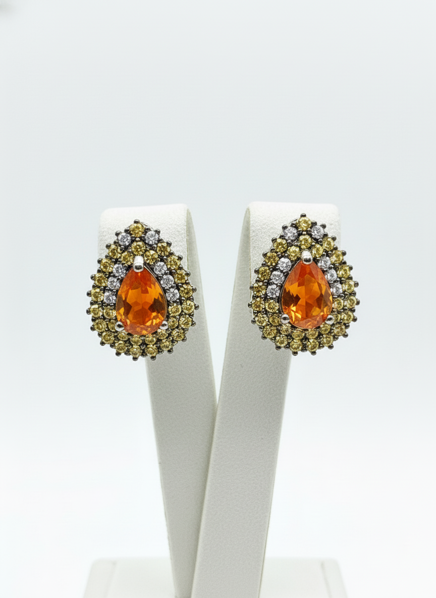 Handmade Orange Fire Opal and Colored Sapphires Earrings