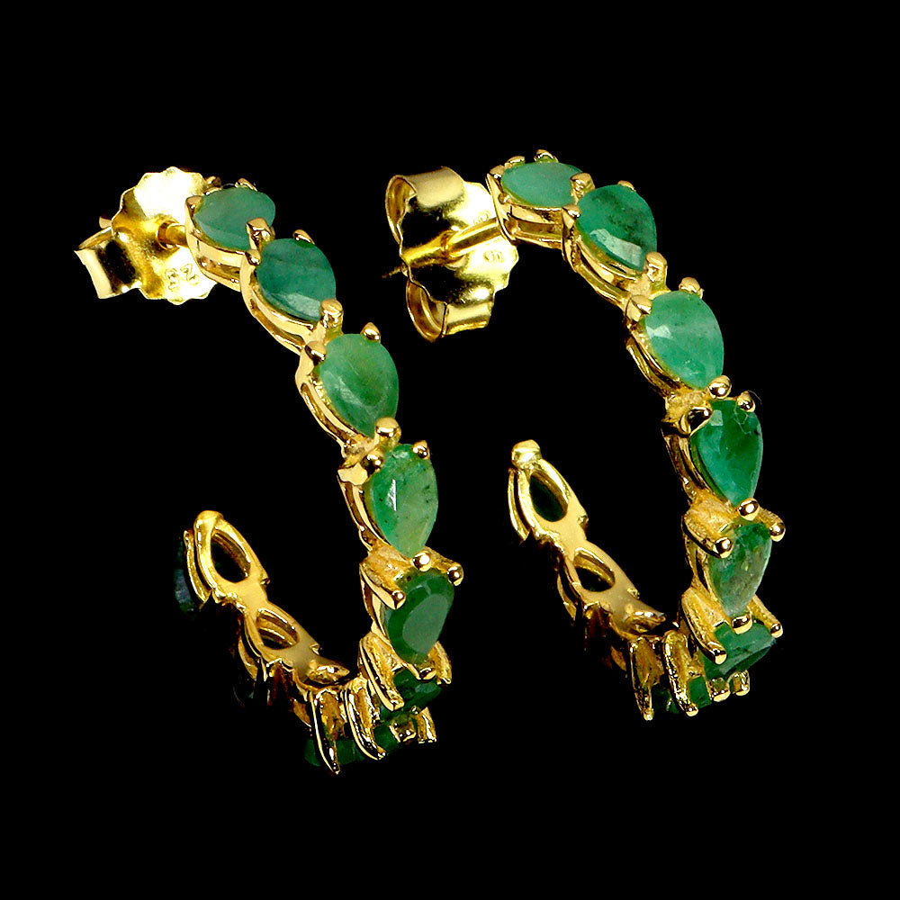 Handmade Half-Hoop Earrings with natural Pear-Shaped Colombian Emeralds